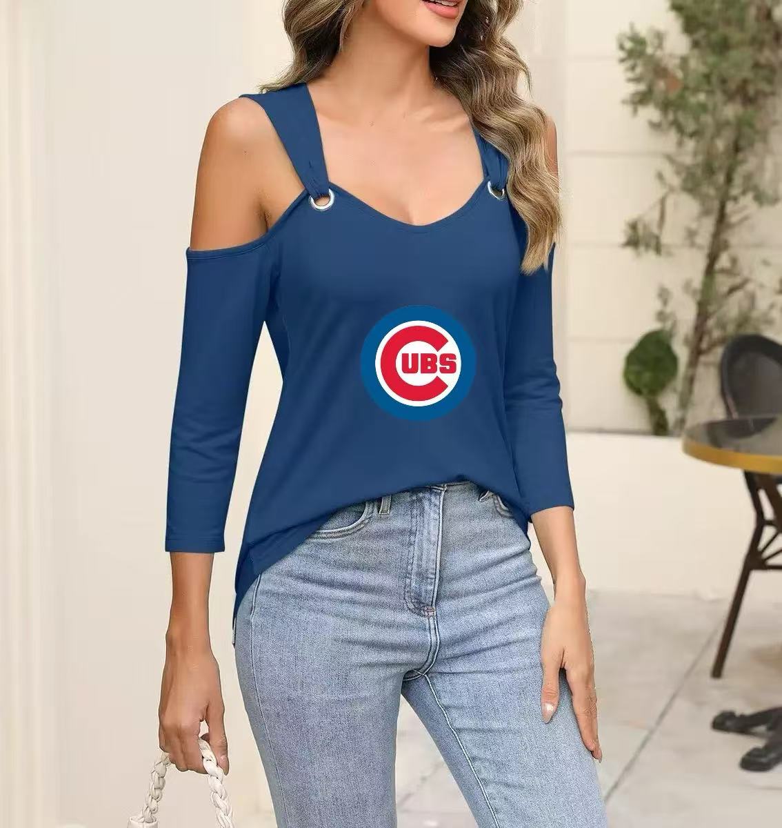 New V collar shoulder metal buckle seven minutes sleeve T shirt pure color loose simple casual ladies blouse - Baseswear