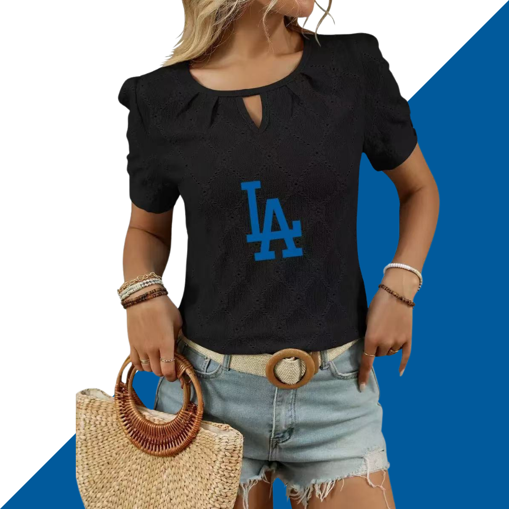 2025 spring and summer new print round neck button short sleeve T-shirt hollow top - Baseswear