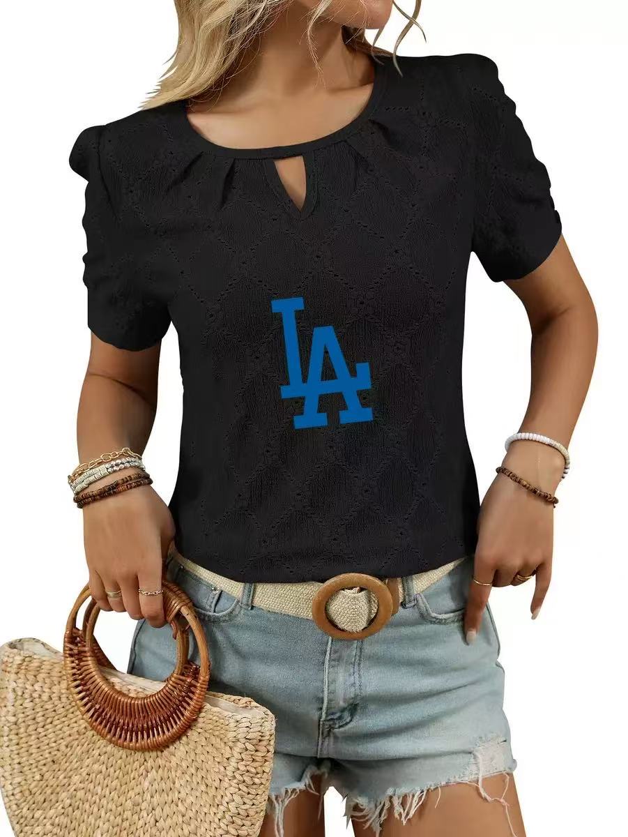 2025 spring and summer new print round neck button short sleeve T-shirt hollow top - Baseswear