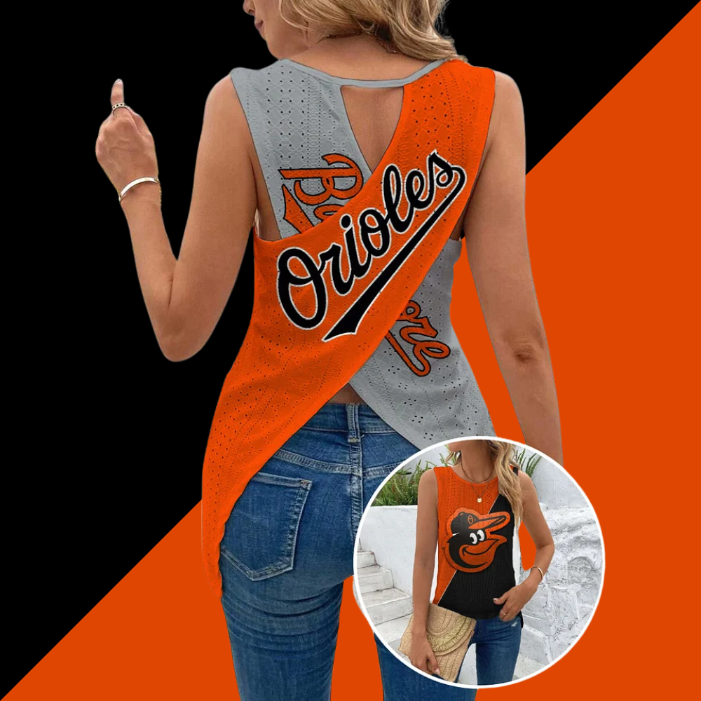 Cut Out Wrap Cross Wrap Back Asymmetrical Hem Tank Top-Baltimore Orioles - Baseswear