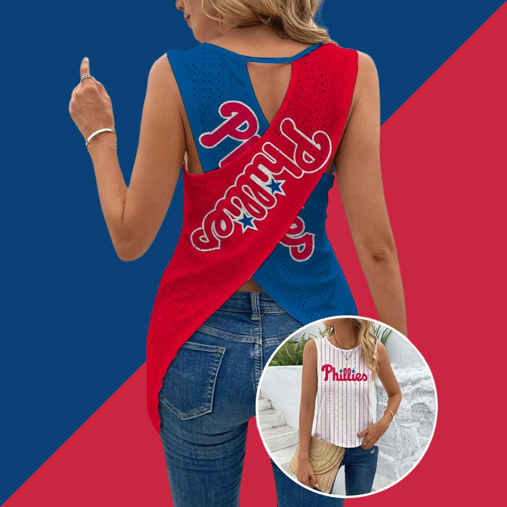 Cut Out Wrap Cross Wrap Back Asymmetrical Hem Tank Top-Philadelphia Phillies - Baseswear