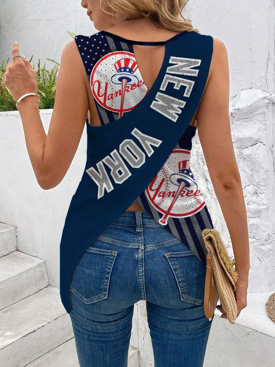 Cut Out Wrap Cross Wrap Back Asymmetrical Hem Tank Top-New York Yankees - Baseswear