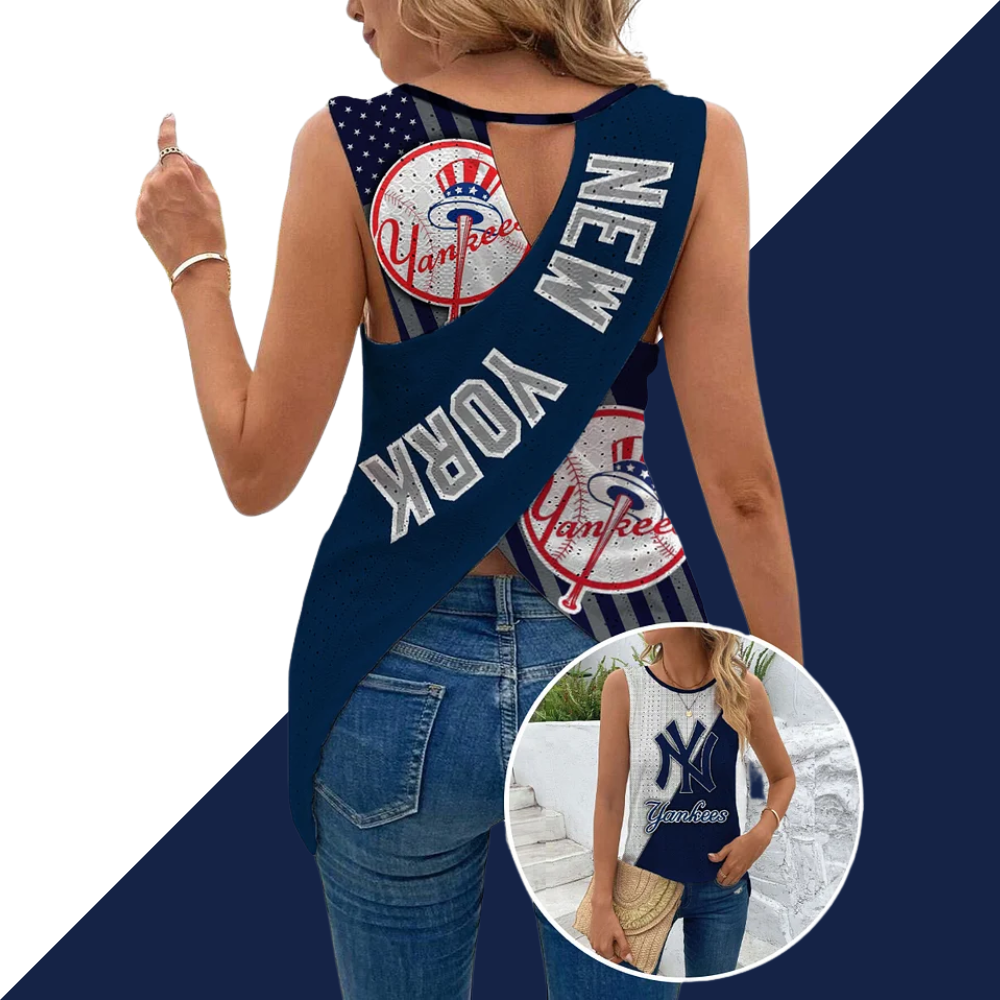 Cut Out Wrap Cross Wrap Back Asymmetrical Hem Tank Top-New York Yankees - Baseswear