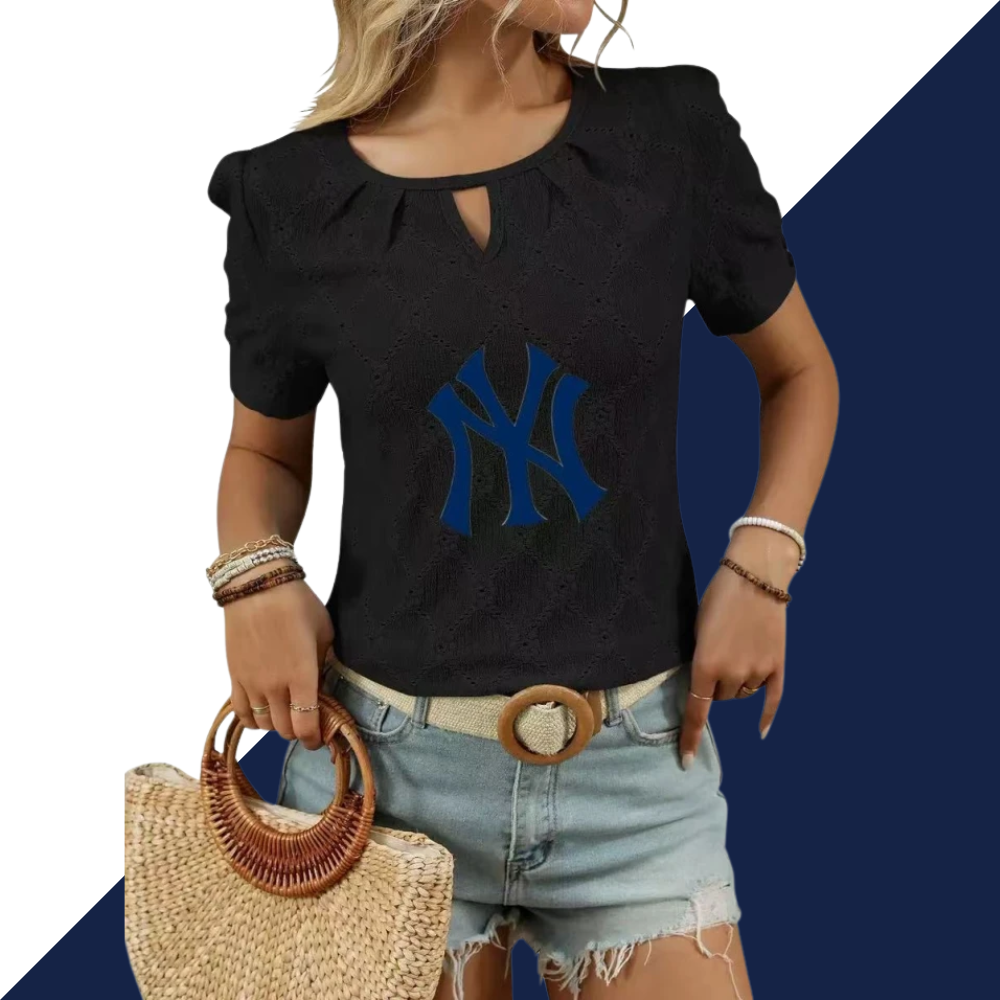 2025 spring and summer new print round neck button short sleeve T-shirt hollow top - Baseswear