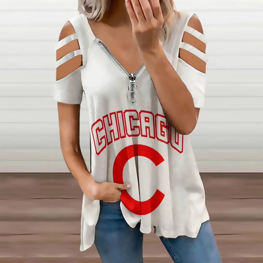 New print zipper V-neck T-shirt pull-over short-sleeve loose-fitting women's T-shirt - Baseswear