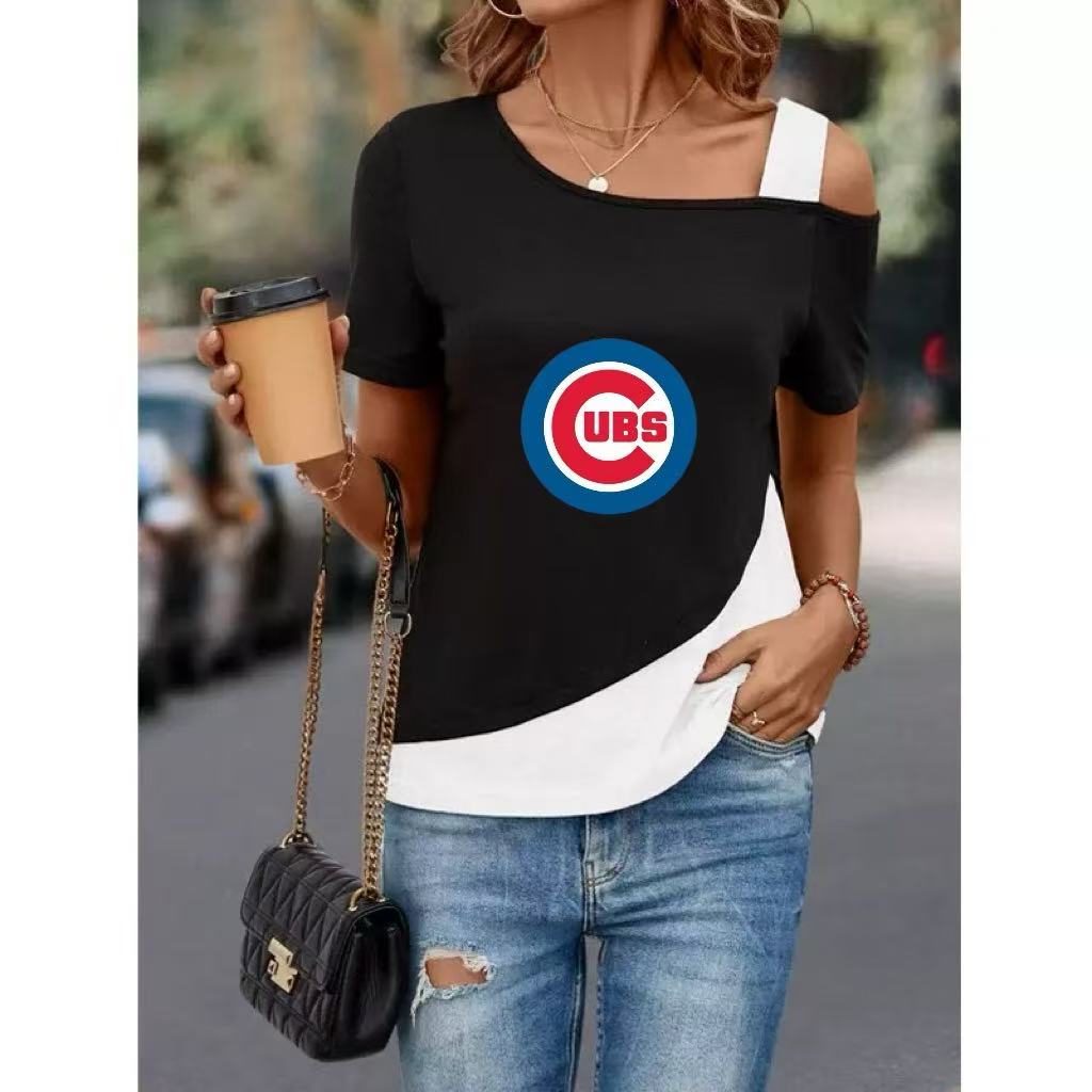 Women's Diagonal Shoulder Color Mosaic Blouse Asymmetric Diagonal Neckline Short Sleeve T Shirt - Baseswear