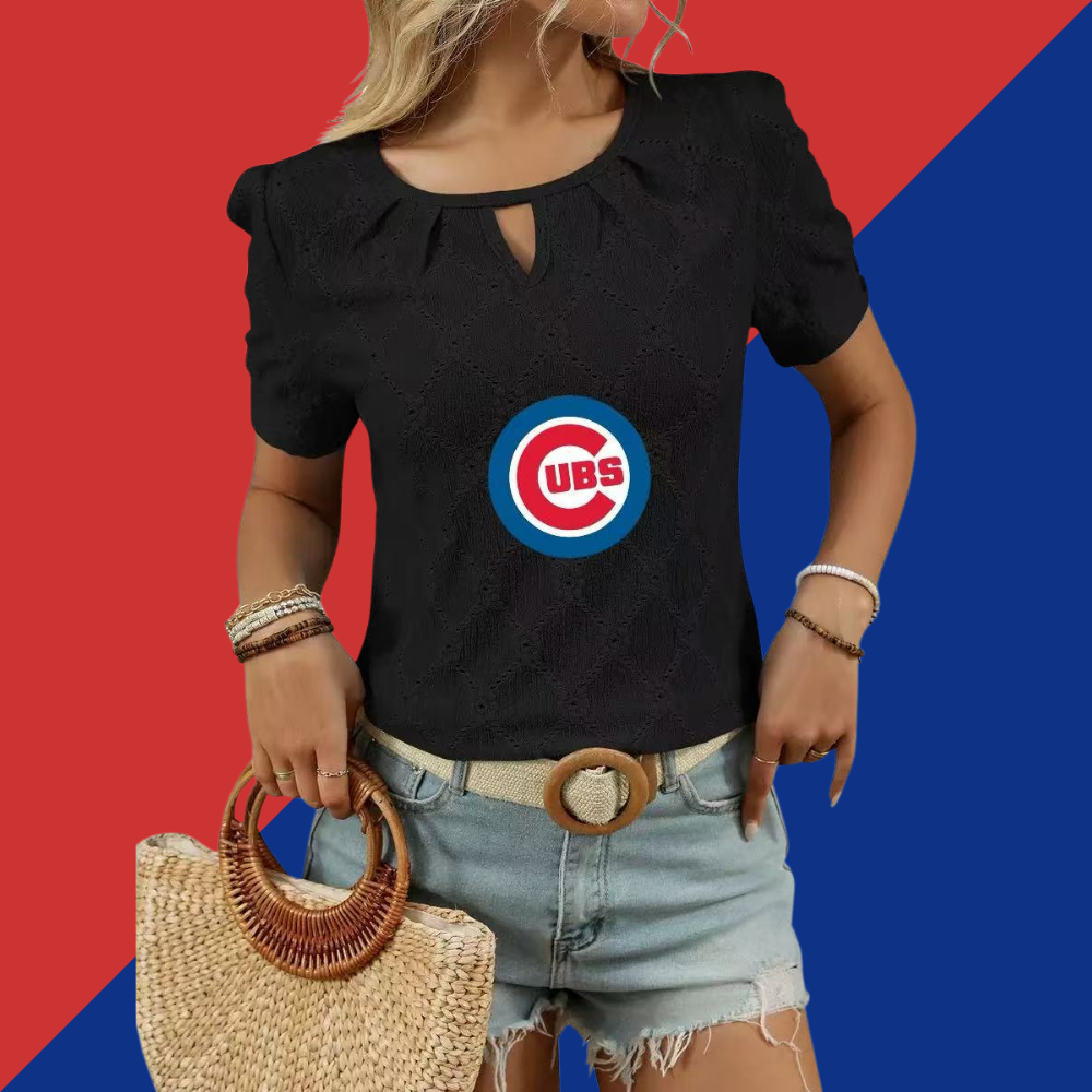 2025 spring and summer new print round neck button short sleeve T-shirt hollow top - Baseswear