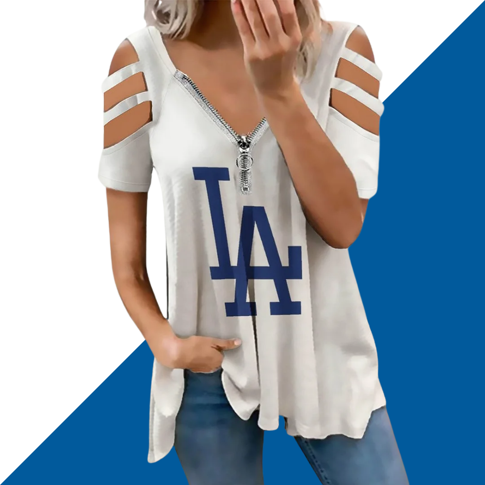 New print zipper V-neck T-shirt pull-over short-sleeve loose-fitting women's T-shirt - Baseswear