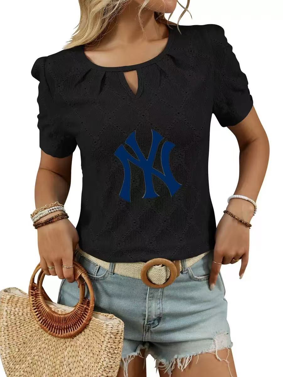 2025 spring and summer new print round neck button short sleeve T-shirt hollow top - Baseswear