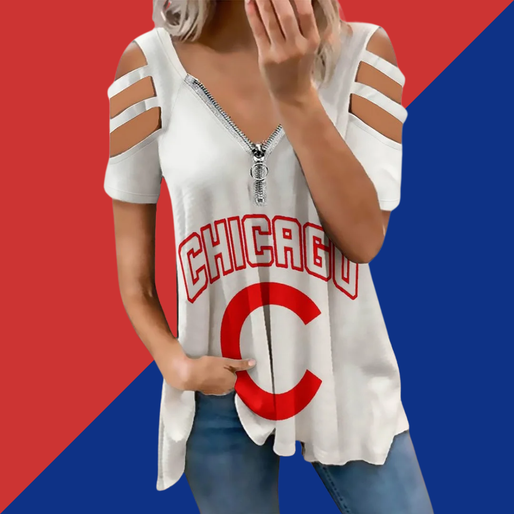 New print zipper V-neck T-shirt pull-over short-sleeve loose-fitting women's T-shirt - Baseswear