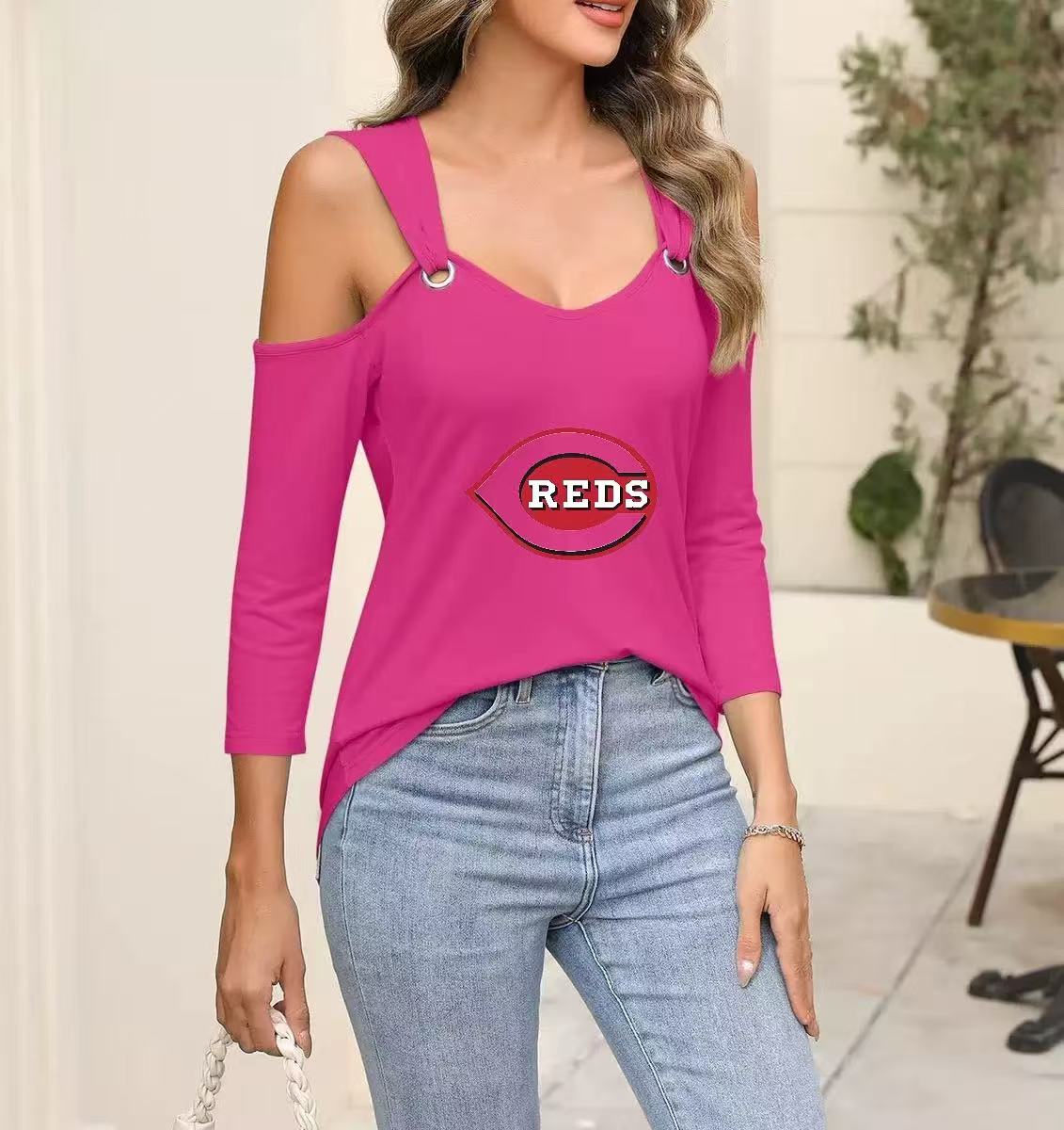 New V collar shoulder metal buckle seven minutes sleeve T shirt pure color loose simple casual ladies blouse - Baseswear