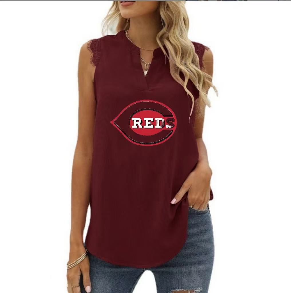 Spring and Summer New Solid Color Shirt Loose V Neck Sleeveless Lace Blouse - Baseswear
