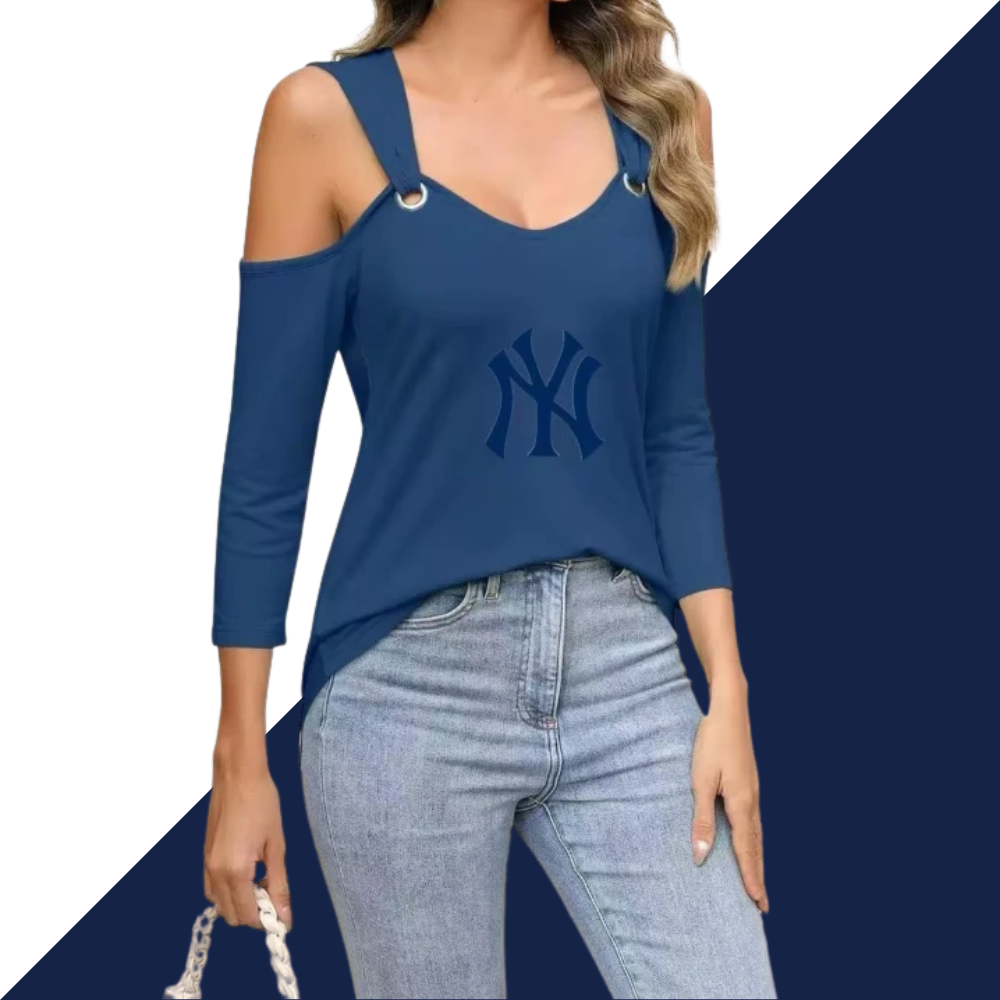 New V collar shoulder metal buckle seven minutes sleeve T shirt pure color loose simple casual ladies blouse - Baseswear
