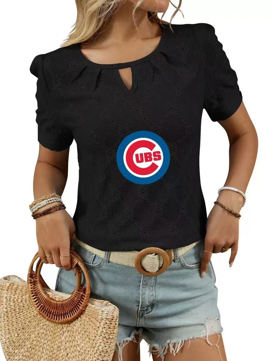 2025 spring and summer new print round neck button short sleeve T-shirt hollow top - Baseswear