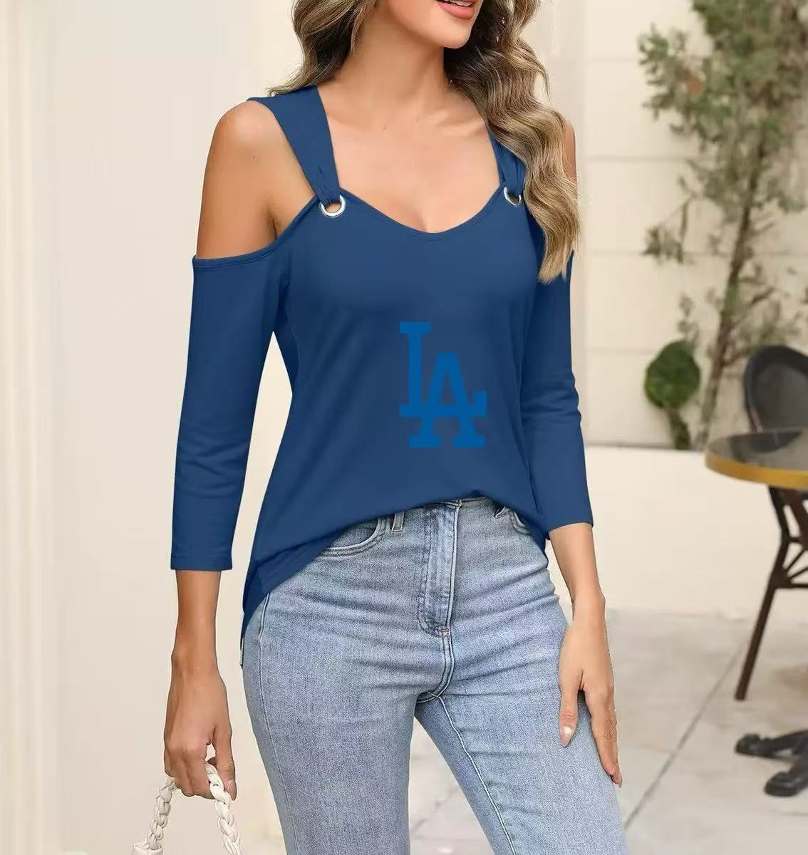 New V collar shoulder metal buckle seven minutes sleeve T shirt pure color loose simple casual ladies blouse - Baseswear