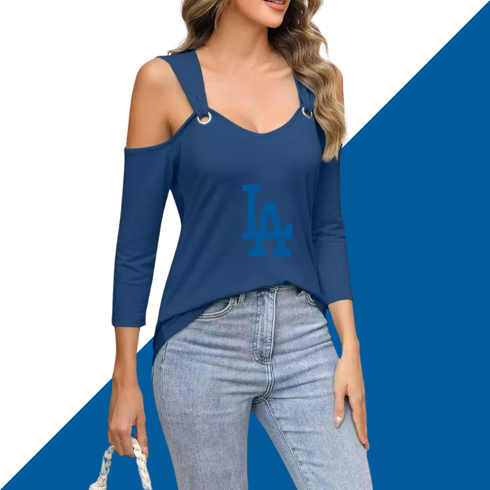 New V collar shoulder metal buckle seven minutes sleeve T shirt pure color loose simple casual ladies blouse - Baseswear