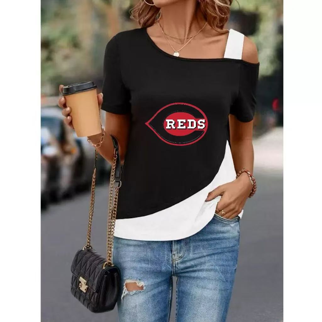 Women's Diagonal Shoulder Color Mosaic Blouse Asymmetric Diagonal Neckline Short Sleeve T Shirt - Baseswear