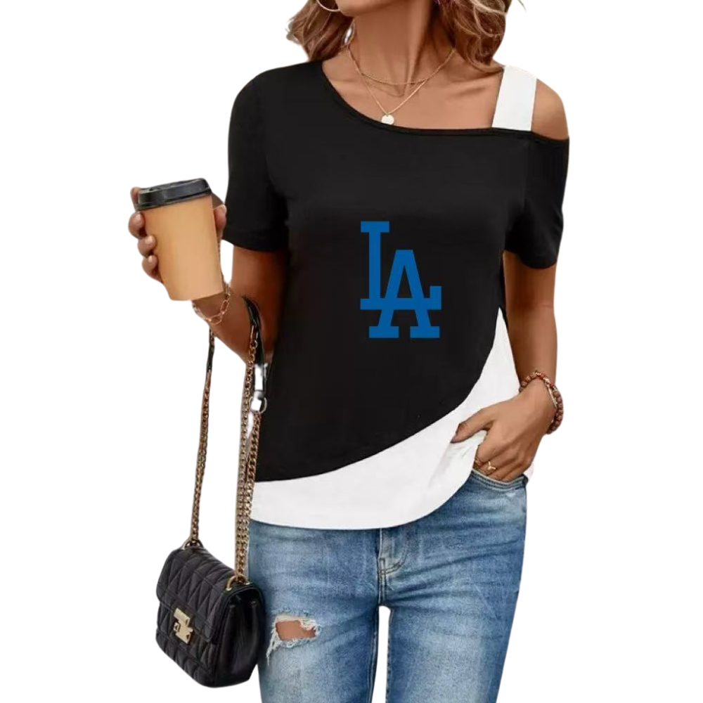 Women's Diagonal Shoulder Color Mosaic Blouse Asymmetric Diagonal Neckline Short Sleeve T Shirt - Baseswear