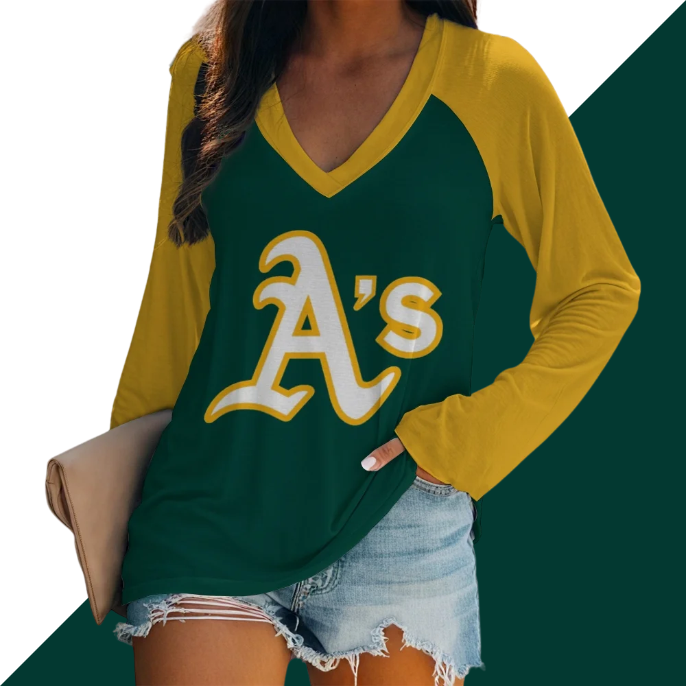 Women's V-neck Double-layered Long-sleeved Loose T-shirt-Oakland Athletics - Baseswear