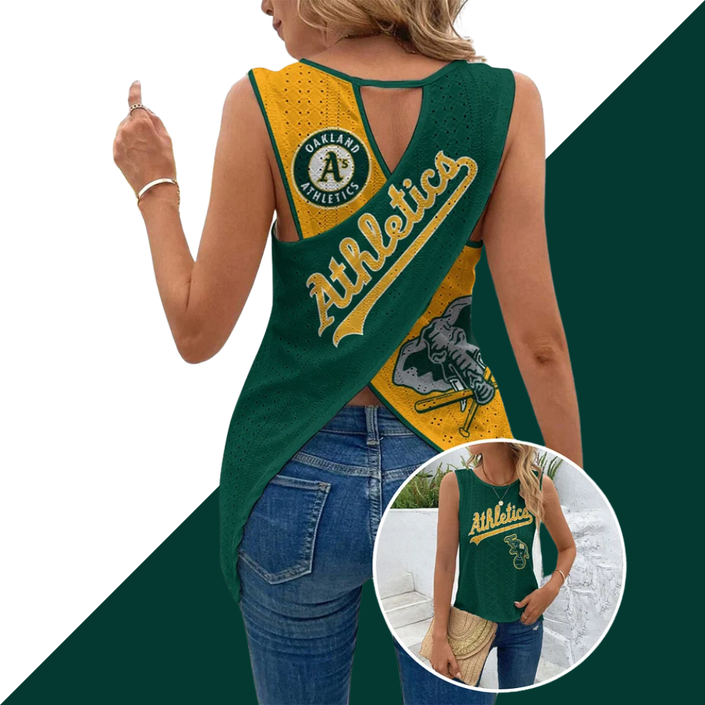 Cut Out Wrap Cross Wrap Back Asymmetrical Hem Tank Top-Oakland Athletics - Baseswear
