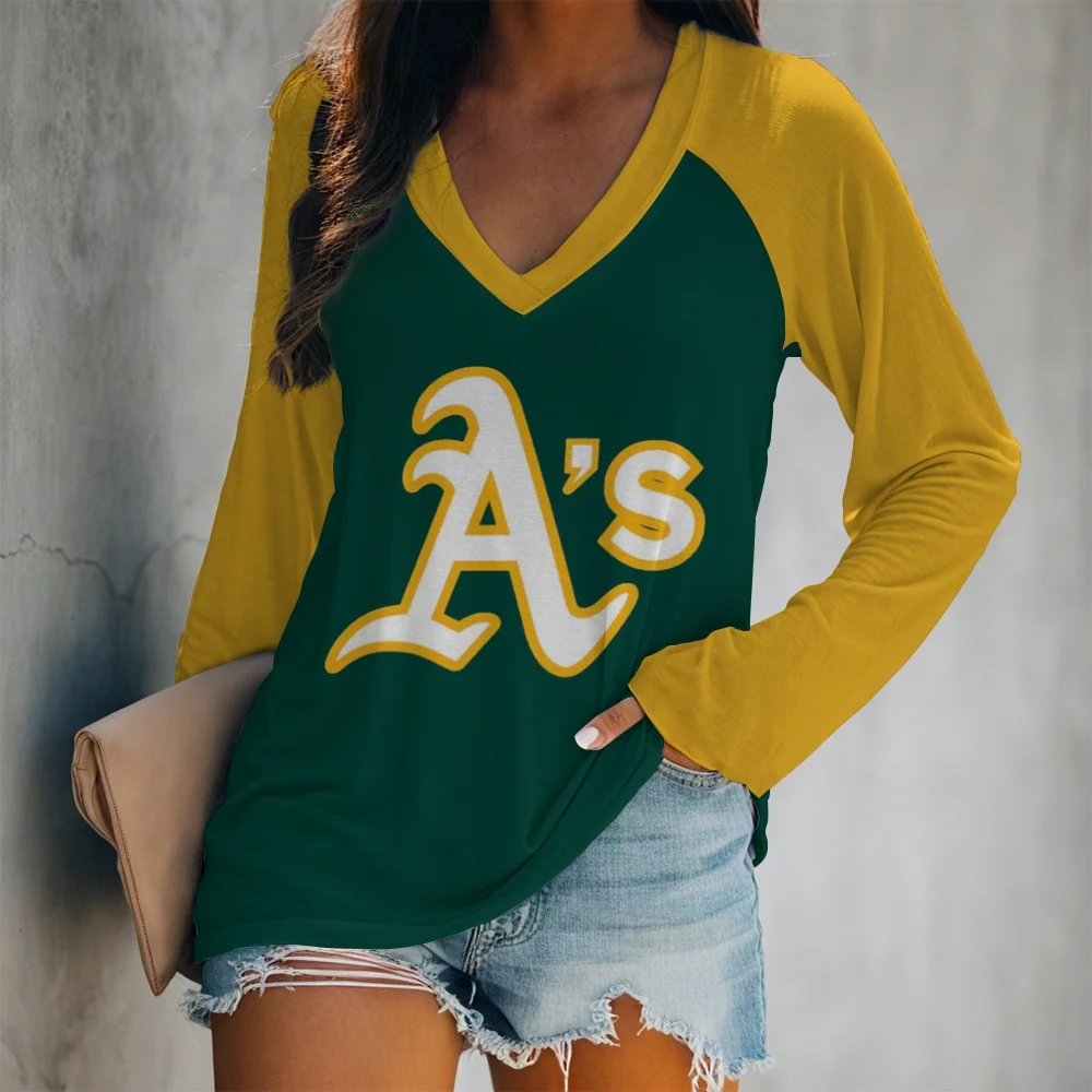 Women's V-neck Double-layered Long-sleeved Loose T-shirt-Oakland Athletics - Baseswear