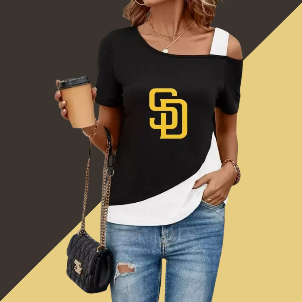 Women's Diagonal Shoulder Color Mosaic Blouse Asymmetric Diagonal Neckline Short Sleeve T Shirt - Baseswear