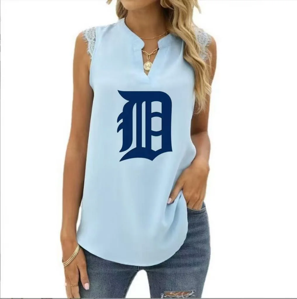 Spring and Summer New Solid Color Shirt Loose V Neck Sleeveless Lace Blouse - Baseswear