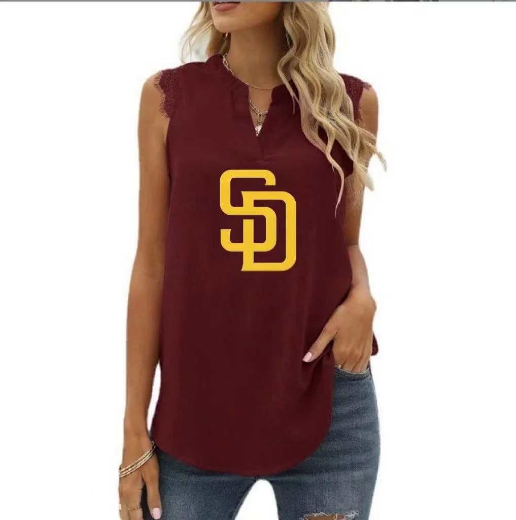 Spring and Summer New Solid Color Shirt Loose V Neck Sleeveless Lace Blouse - Baseswear