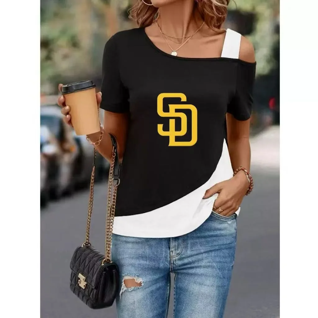 Women's Diagonal Shoulder Color Mosaic Blouse Asymmetric Diagonal Neckline Short Sleeve T Shirt - Baseswear