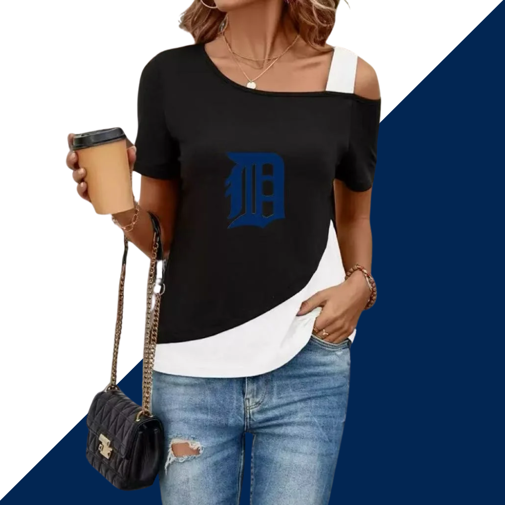 Women's Diagonal Shoulder Color Mosaic Blouse Asymmetric Diagonal Neckline Short Sleeve T Shirt - Baseswear