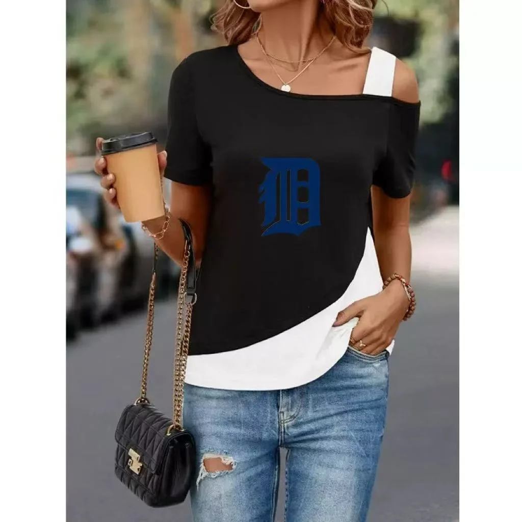 Women's Diagonal Shoulder Color Mosaic Blouse Asymmetric Diagonal Neckline Short Sleeve T Shirt - Baseswear