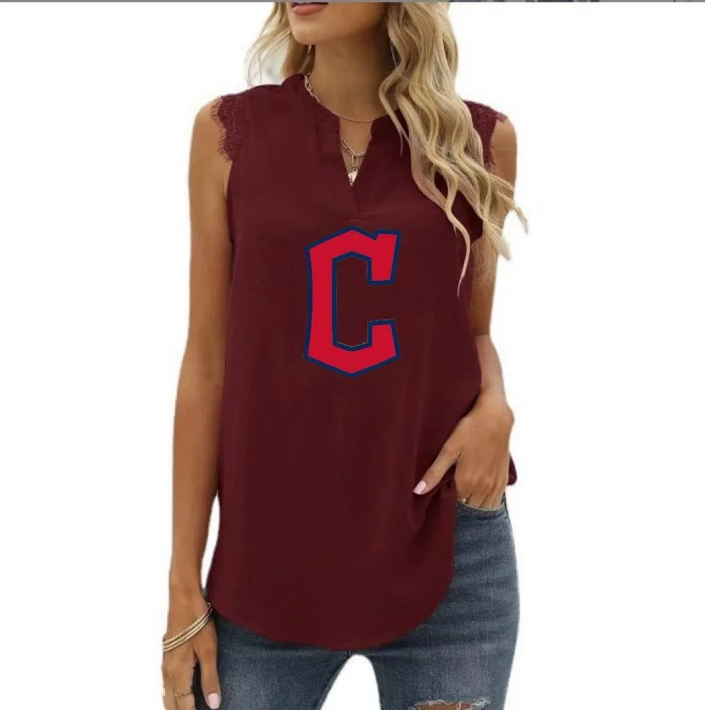 Spring and Summer New Solid Color Shirt Loose V Neck Sleeveless Lace Blouse - Baseswear