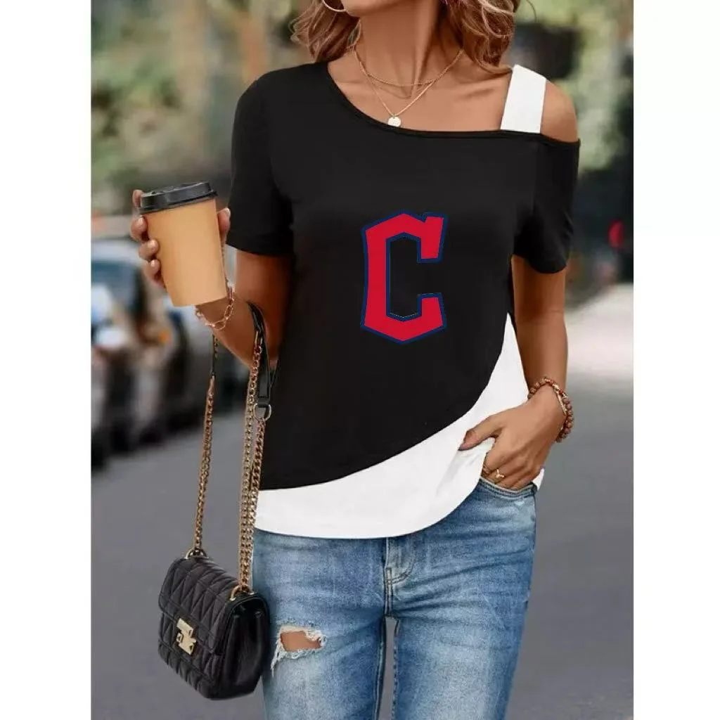 Women's Diagonal Shoulder Color Mosaic Blouse Asymmetric Diagonal Neckline Short Sleeve T Shirt - Baseswear