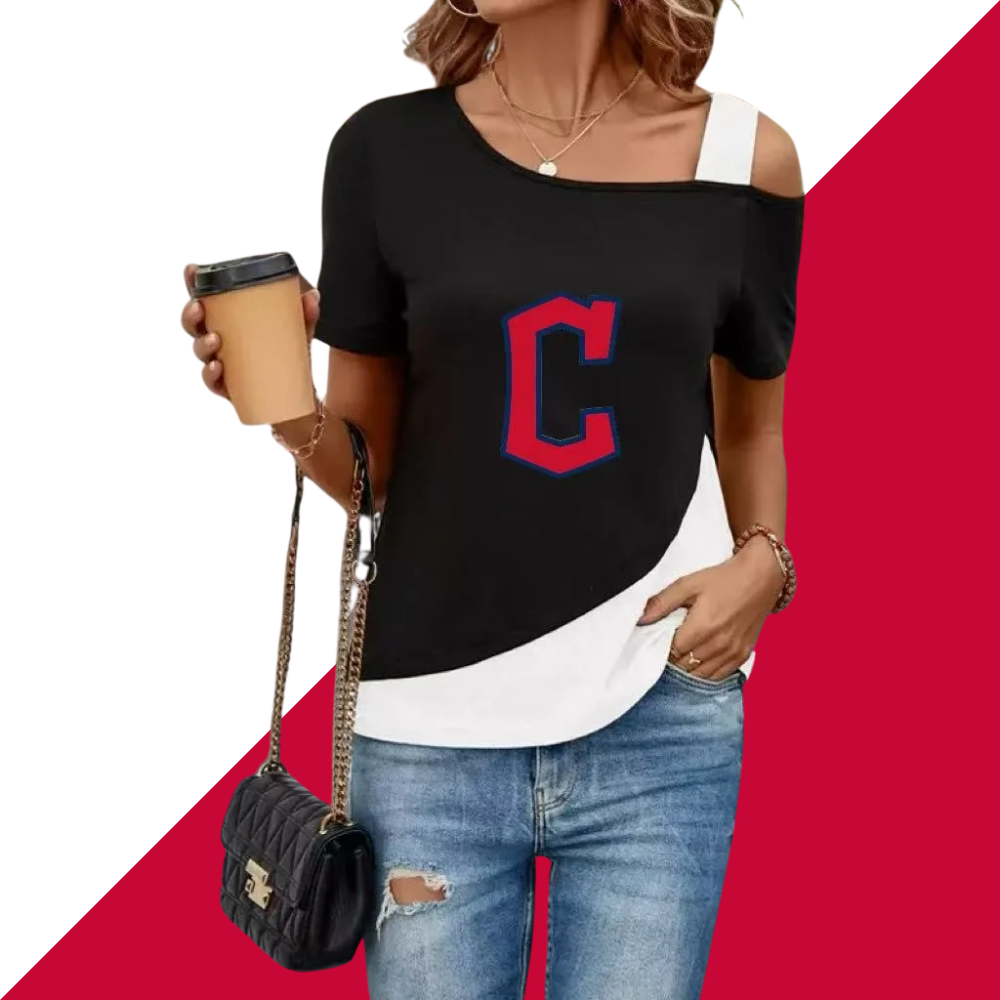 Women's Diagonal Shoulder Color Mosaic Blouse Asymmetric Diagonal Neckline Short Sleeve T Shirt - Baseswear